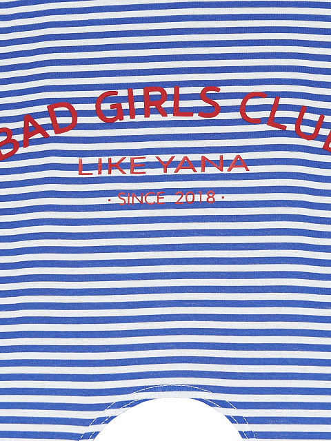 Укороченная синяя футболка в полоску c красным принтом, 4