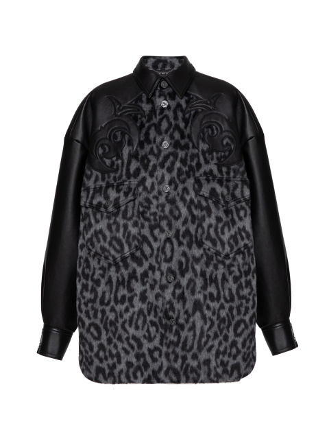 Серая рубашка из шерсти с леопардовым принтом и отделкой из кожи, 1