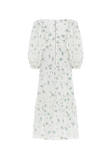 Белое платье-миди из хлопка с открытыми плечами и цветочным принтом, 2