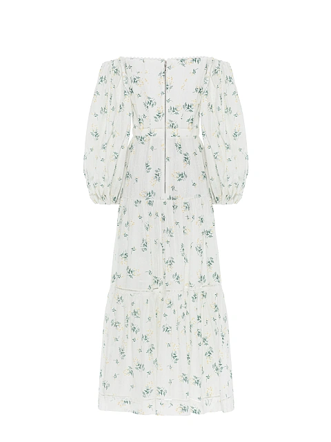 Белое платье-миди из хлопка с открытыми плечами и цветочным принтом, 2