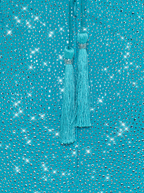 Бирюзовое платье-мини со стразами и бахромой, 4