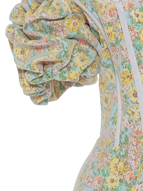 Желтое платье-мини из сетки и хлопка с цветочным принтом, 5