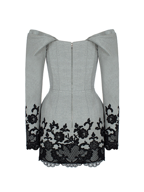Серое шерстяное платье-мини с кружевом, 2
