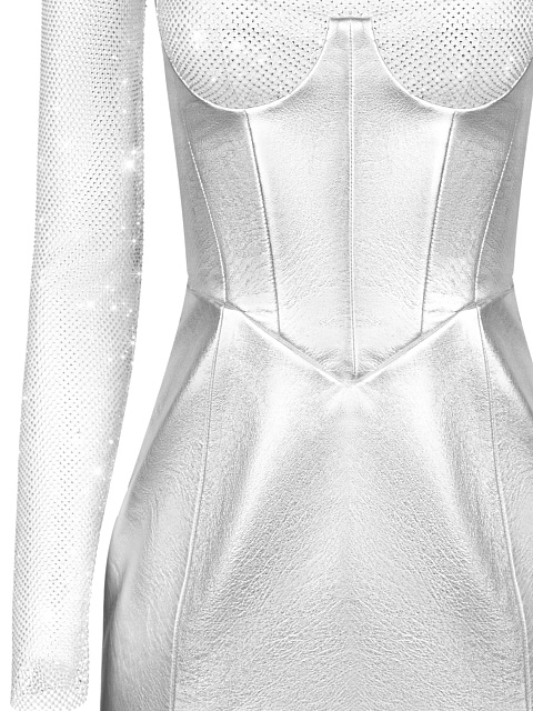 Серебряное кожаное платье-мини с сеткой, 3