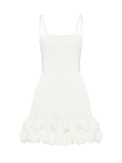 Белое атласное платье-мини с буфами на подоле, 1
