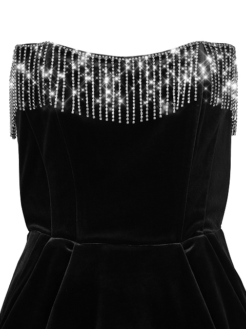 Черное бархатное платье-мини с бахромой из страз, 3
