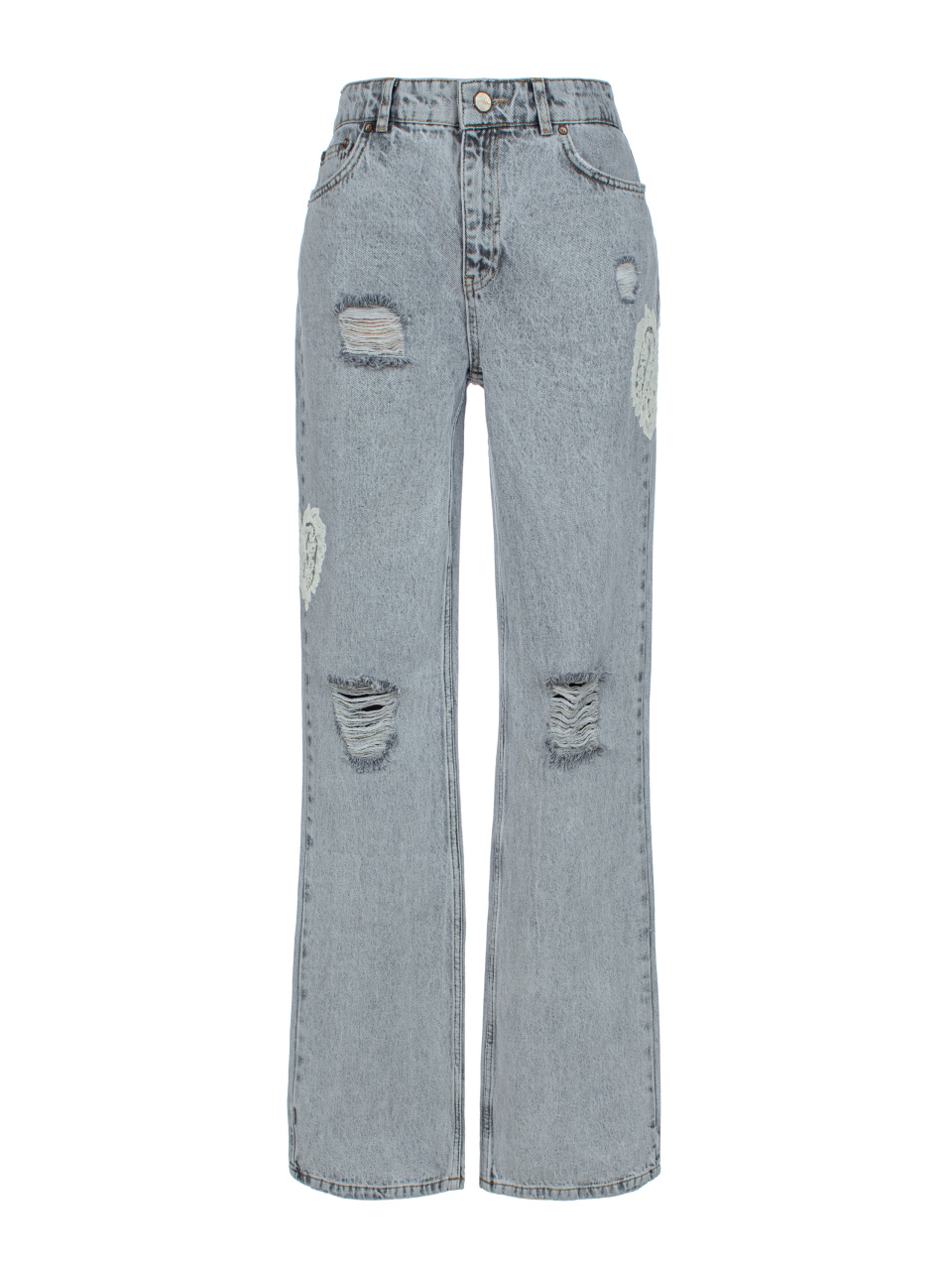 Расклешенные светло-серые джинсы с декором из кружева, 1