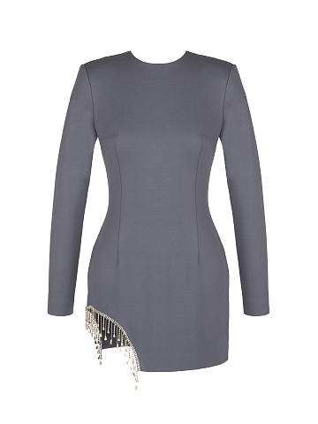 Серое платье-мини с вырезом и бахромой из страз, 1