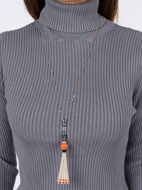 Колье с кулоном-кистью из белого золота с бриллиантами, жемчугом и кораллами, 2 Колье с кулоном-кистью из белого золота с бриллиантами, жемчугом и кораллами, 2