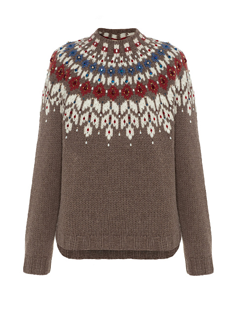 Коричневый кашемировый свитер с узором и жемчугом, 1