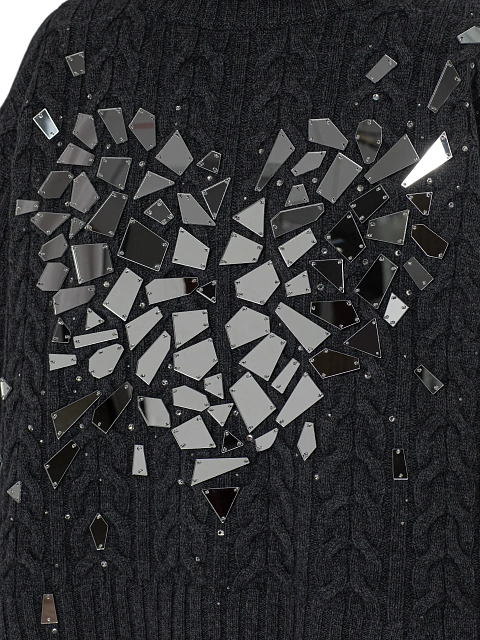 Темно-серый кашемировый свитер с косами и декором в виде сердца , 3