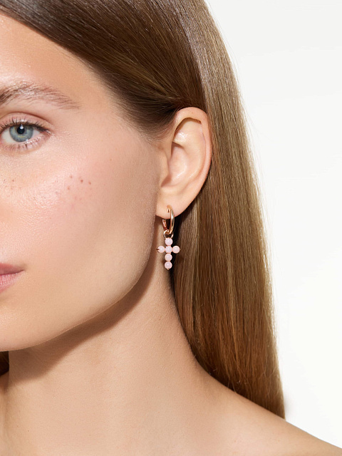 Хупсы из розового золота с подвесками в виде крестов с розовым опалом, 2 Хупсы из розового золота с подвесками в виде крестов с розовым опалом, 2