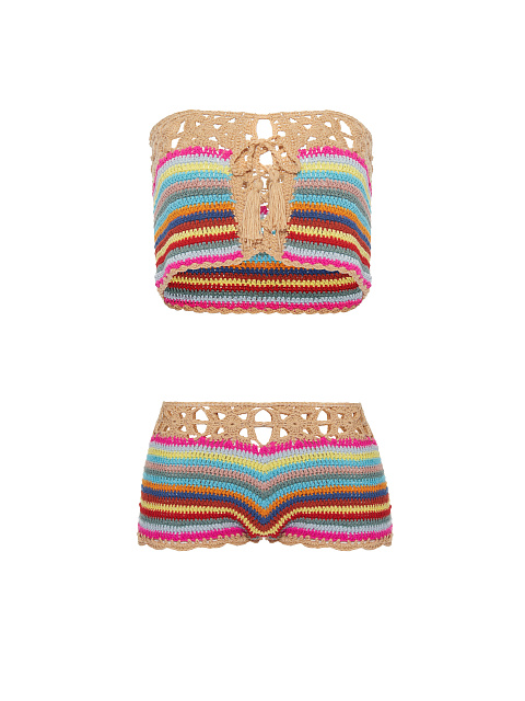 Бежевый комплект из топа и шорт в технике кроше, 1