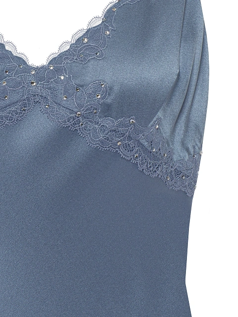 Синее платье-миди из шелка с кружевом и серебряными бретелями, 3