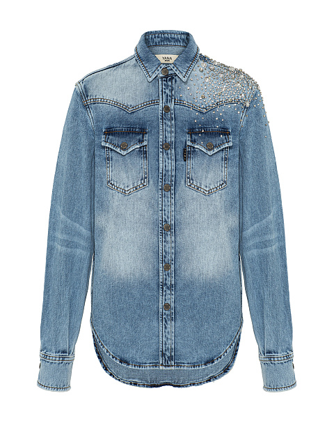 Голубая рубашка из денима с вышивкой кристаллами, 1