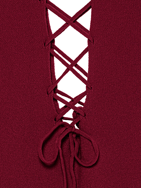 Бордовое трикотажное платье-миди с вырезами и шнуровкой, 3