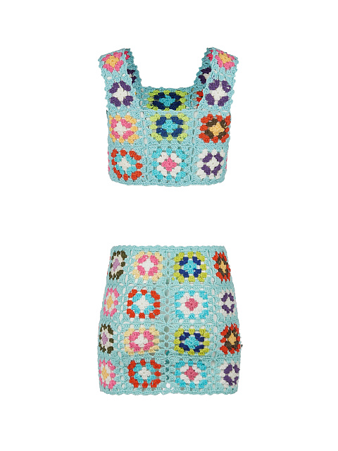 Голубой вязаный комплект в технике кроше, 2