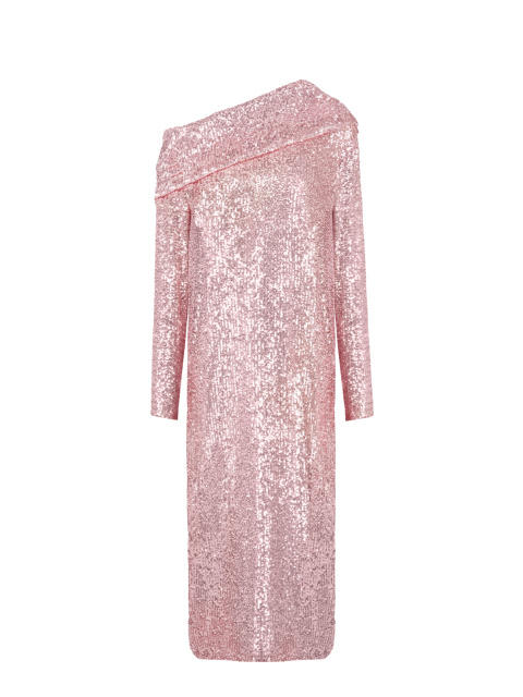 Розовое платье-миди с пайетками и открытым плечом, 1