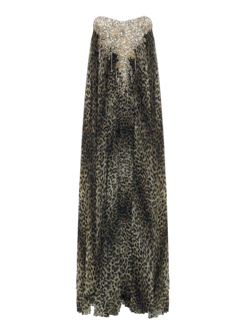 Леопардовое платье с открытыми плечами и вышивкой, 1