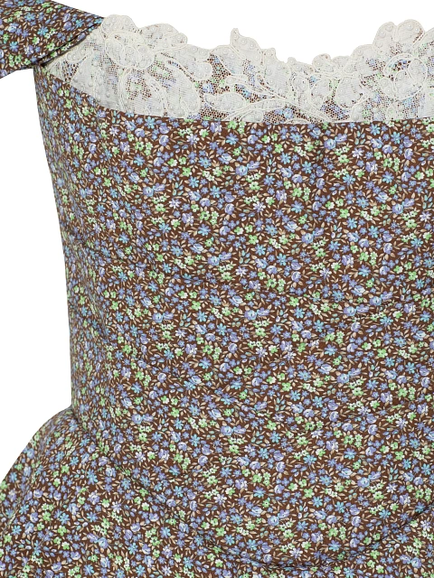 Коричневое платье-мини из хлопка с цветочным принтом и кружевом, 3