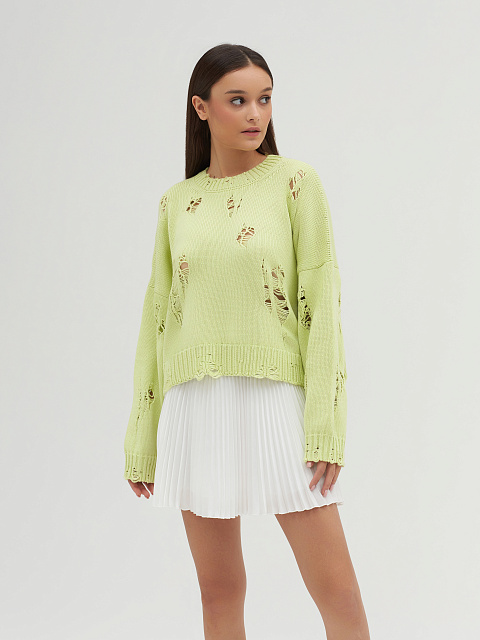 Салатовый укороченный свитер из хлопка с дырками, 5