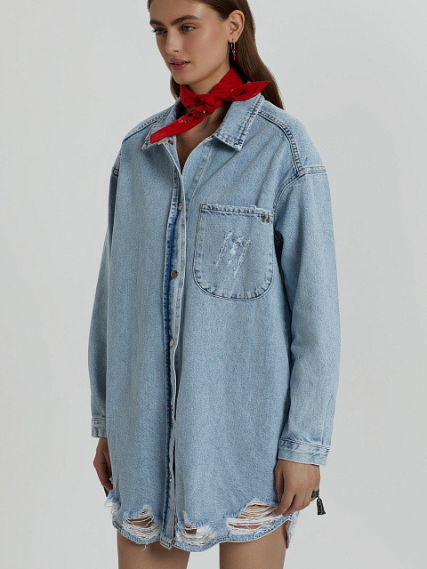 Удлиненная голубая рубашка из денима, 6