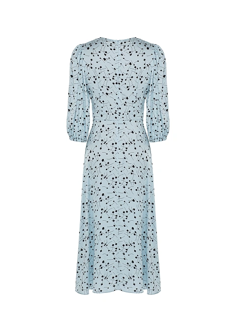 Голубое платье-миди с рукавами-фонариками и принтом, 2