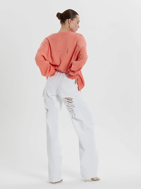 Широкие рваные джинсы белого цвета, 6 Широкие рваные джинсы белого цвета, 6