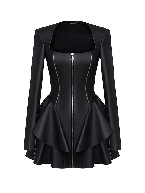 Черное кожаное платье-мини с воланами, 1