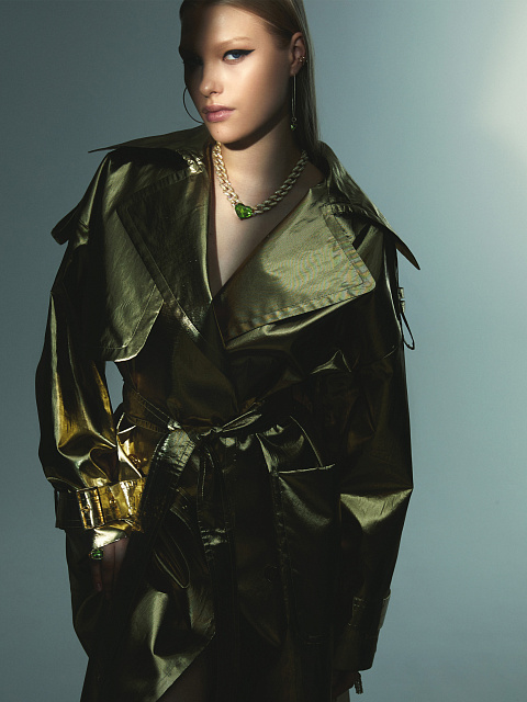 Золотистый двубортный тренч из шелка с люрексом, 11 Золотистый двубортный тренч из шелка с люрексом, 11