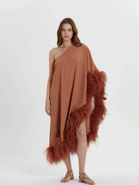 Коричневое асимметричное платье-миди с боа, 6 Коричневое асимметричное платье-миди с боа, 6