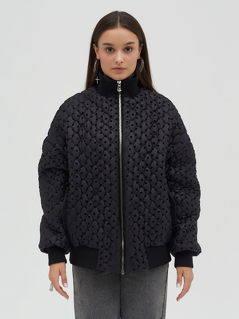 Черный стеганый бомбер в горошек, 5