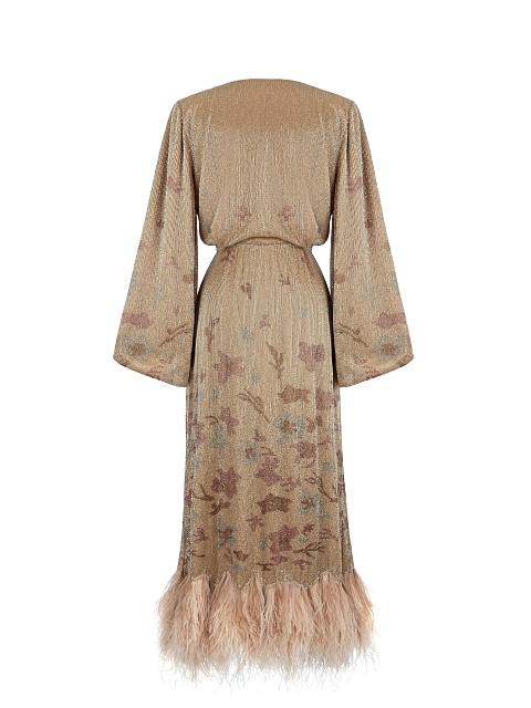 Бежевое платье-миди из бисера и перьев, 2 Бежевое платье-миди из бисера и перьев, 2