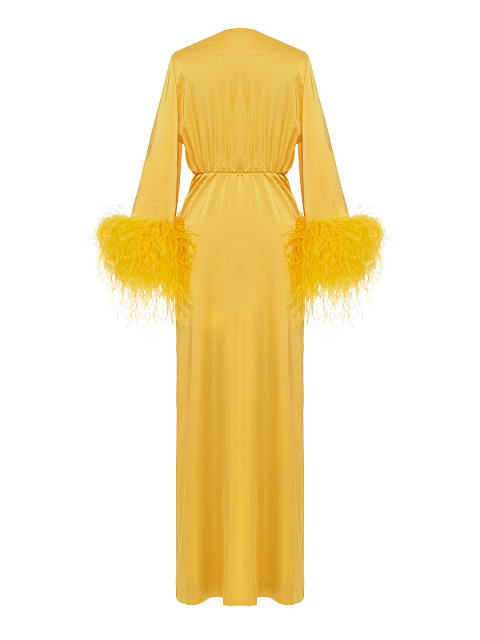 Желтое атласное платье-макси с боа на рукавах, 2 Желтое атласное платье-макси с боа на рукавах, 2