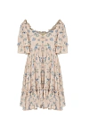 Платье-мини из бежевой вискозы в голубой цветочек, рукава-воланы, лиф со сборкой, А-силуэт, волан