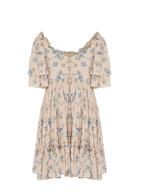 Бежевое платье-мини из вискозы с голубым цветочным принтом и воланами, 1