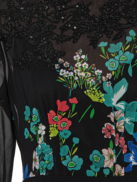 Черное платье-макси из шифона с цветочным принтом и кружевом, 4