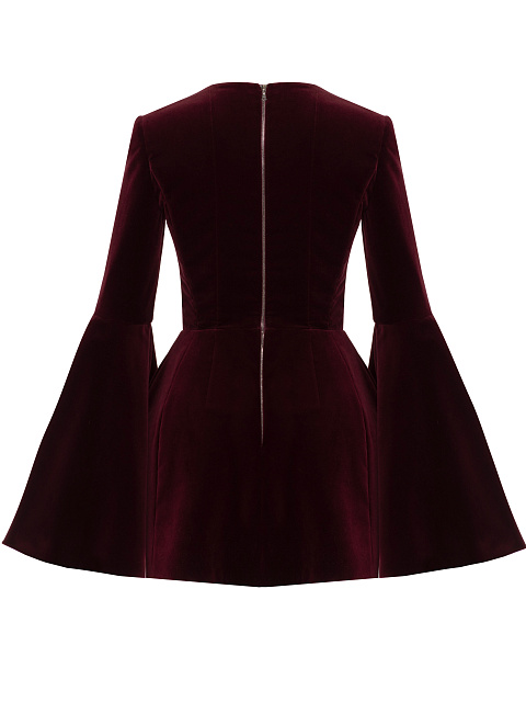 Бордовое платье-мини из бархата с расклешенным рукавом, 3