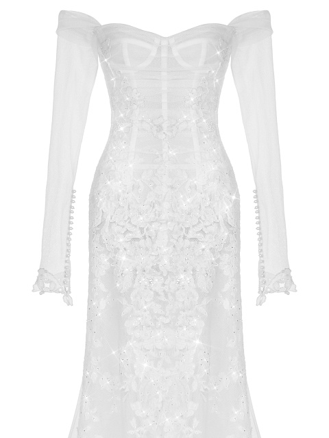 Белое корсетное платье из кружева со шлейфом, 3