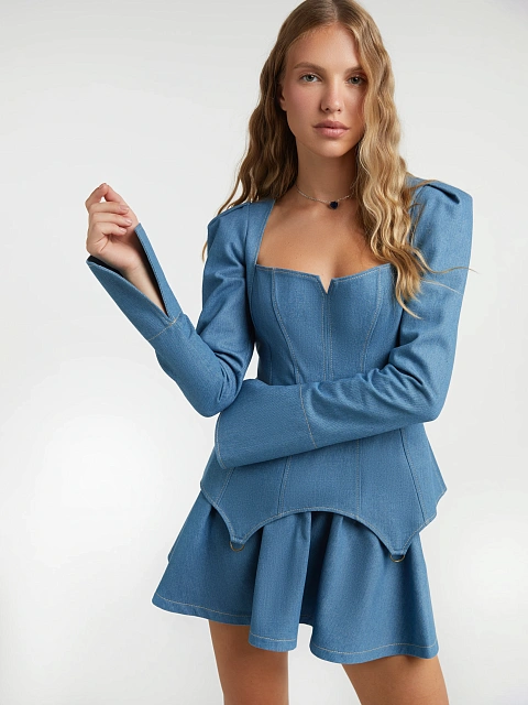 Голубой комплект из топа с баской и юбки-мини, 7