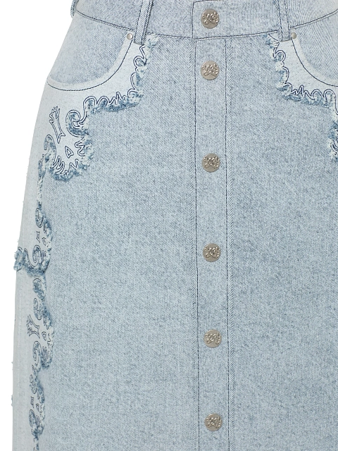 Голубая юбка-миди из денима с вышивкой и бахромой, 3