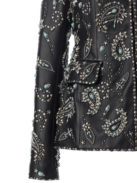 Черный кожаный жакет с вышивкой бирюзой и камнями, 3
