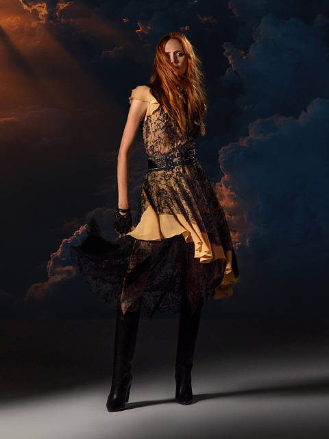 Бежевое платье-миди из шифона с черным кружевом, 5 Бежевое платье-миди из шифона с черным кружевом, 5