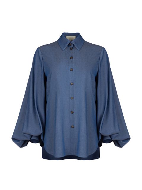 Синяя хлопковая блузка с объемными рукавами, 1