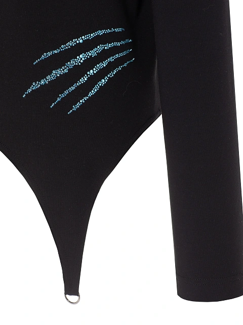 Черный хлопковый лонгслив с фигурным низом и голубыми стразами, 4