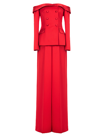 Красный брючный костюм с открытыми плечами, 1