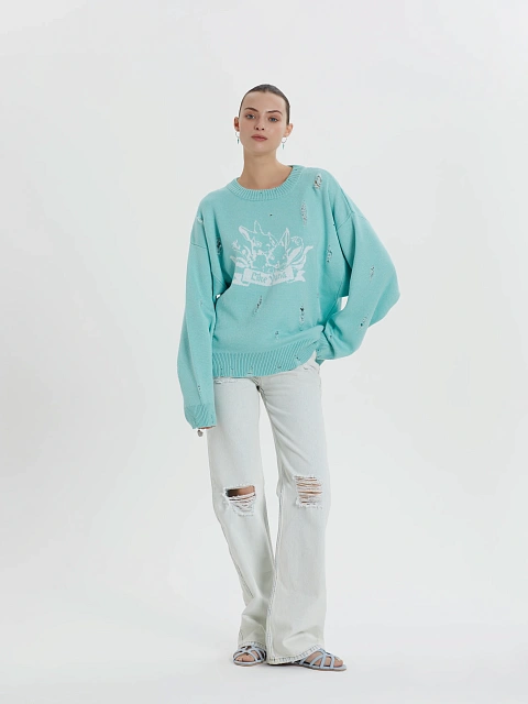 Мятный свитер из хлопка с принтом и дырками, 5