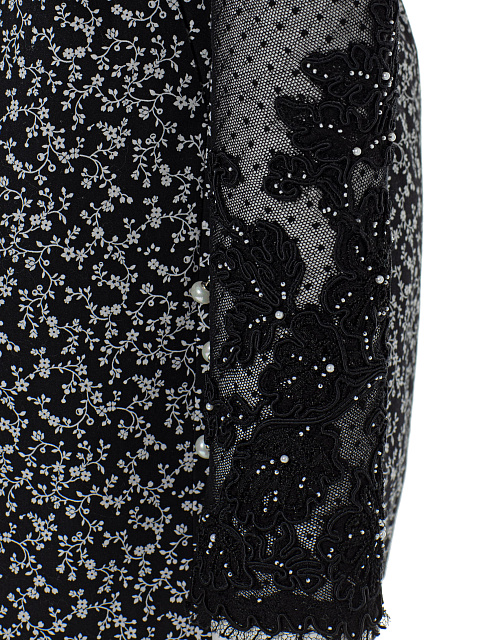 Черное платье-мини из хлопка с цветочным принтом и кружевными рукавами, 4