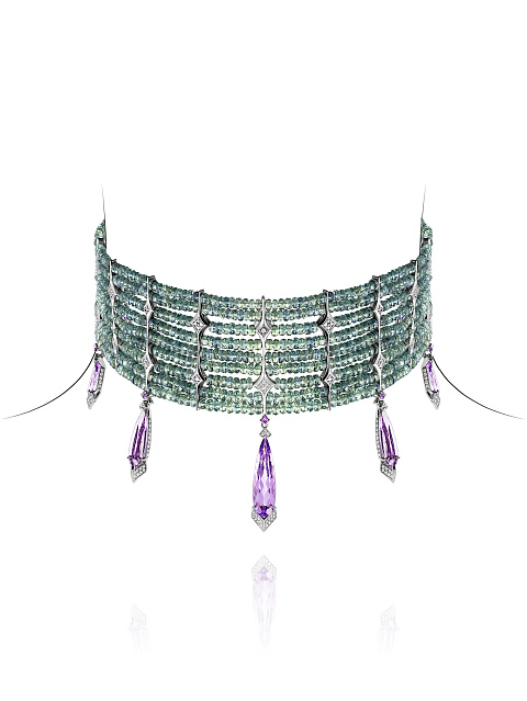 Колье-чокер из белого золота с серыми бриллиантами, аметистами и зелеными сапфирами, 4