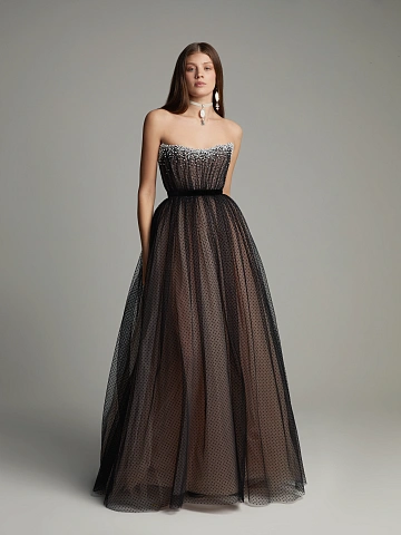 Черное платье-макси из фатина в горошек с жемчугом и кристаллами, 2